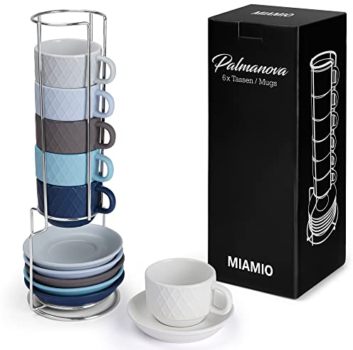 MIAMIO - 6 x 75 ml Stoneware Espresso Mug, Cup Set Modern with Stand and Saucers - Palmanova Collection (Ocean Blue)