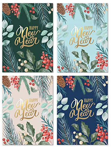 SWEETZER & ORANGE Lot de 24 cartes de Nouvel An avec enveloppes – Lot de 24 feuilles épaisses de 300 g/m² pour décoration de vacances, cartes de vœux, fêtes joyeuses et messages de remerciement