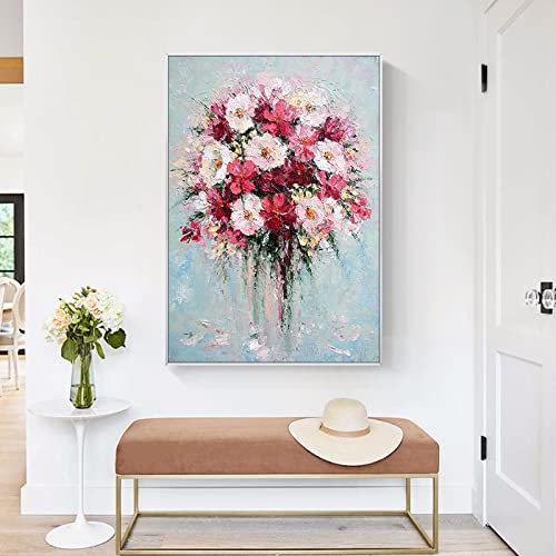 Hand-Painted Contemporary Art 3D Oil Painting On Canvas Modern American Restaurant Rhododendron Peony Flower Still Life Beauty Texture Palette Paintings Modern Home Interior Decoration,Blue,120×200Cm