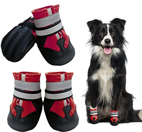 NeuWee 4 pcs Bottes Chien, Chaussures pour Chien Imperméables avec Sangles Réfléchissantes, Antidérapante Protecteurs de Pattes Chaussures pour Chiens de Taille Petit Moyenne Grande (S, Rouge)