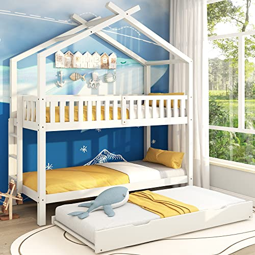 LINTAIZUO Kinderbett Hausbett 90 x 200 cm, Jugendbett, DREI Betten, Ausziehbar, Dreifaches Etagenbett mit Seitenleiter für Kinder und Jugendliche, Platzsparendes Design, Weiß