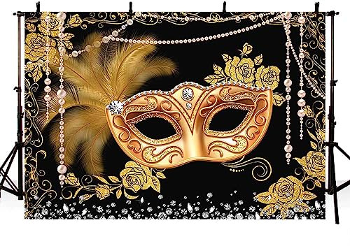 AIBIIN Toile de fond pour photographie de 2,1 x 1,5 m, motif fleur dorée, perle, cristal, plume, masque doré pour carnaval, soirée, bal de fin d'année, décoration de fête Mardi Gras, accessoires photo