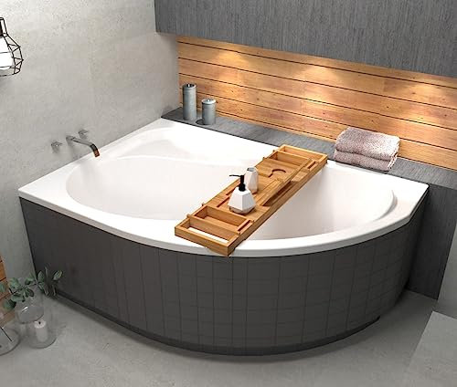 ECOLAM® Badewanne Wanne Eckwanne Eckbadewanne Acryl weiß Wela 160x100 cm LINKS + universelle Styroporverkleidung befliesbar + Bambus Ablage Ablaufgarnitur Ab- und Überlauf Automatik Füße Silikon Set
