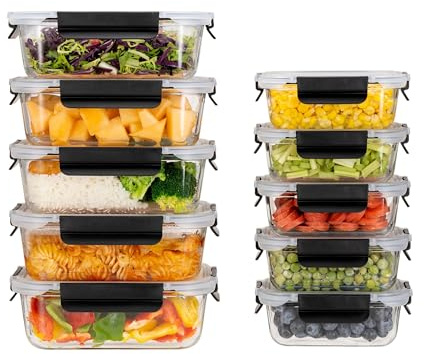 HOUSZY 10-Piece Glass Food Containers, Leakproof Snap-Lock Lids, Black | Borosilicate glass, non-toxic, oven and freezer safe, dishwasher safe. Meal prep