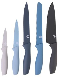MasterChef Messer Set, Messerset mit 5 Scharfes Küchenmesser, Blau | Knife Set inkl. Küchenmesser, Kochmesser, Brotmesser, Schälmesser & Allzweckmesser mit Edelstahlklingen und Softgriff