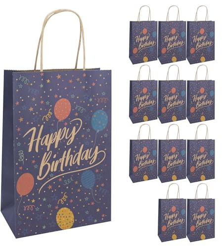 Idena 30399-12 - Geschenktüten Happy Birthday, 12 Stück, Geschenktaschen in der Größe 18 x 10 x 27 cm, Papiertüten zum Geburtstag