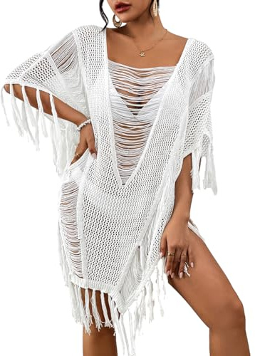 Bsubseach Bikini Coverup Tops para Mujeres con Flecos Vestido Corto Traje de Baño Cover Ups Sexy de Playa Blanco