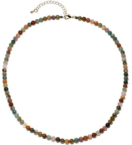 Lightock Simple 4mm Gemstones and Crystals Beaded Necklace Adjustable Choker Necklaces for Women Gifts (Indian Agate)