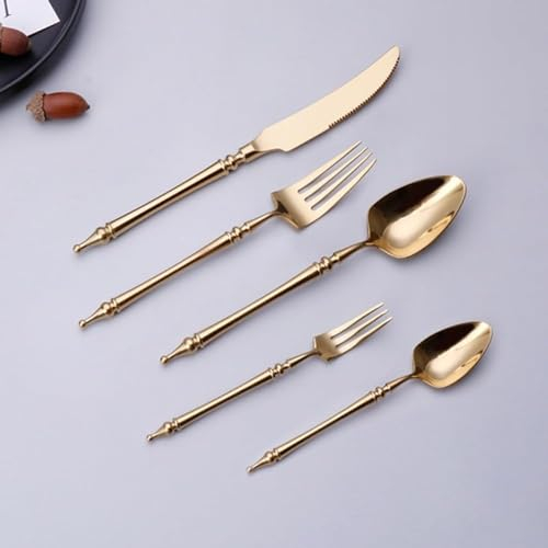 Lumière De Luxe Légendaire Pilier Romain Poignée Cuisine en Acier Inoxydable Argenterie Vaisselle Couverts Ensemble De Couverts Couteau À Steak Fourchette Cuillère Cuillère À Café (Or,20 pièces)