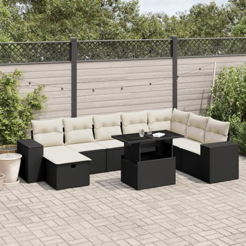 Rantry 9-TLG. Garten-Sofagarnitur mit Kissen Balkonmöbel Gartenmöbel Set Gartensofa Loungesofa Modular Terrassensofa Sitzgruppe mit Tisch Terrassenmöbel Schwarz und Cremeweiß Poly Rattan