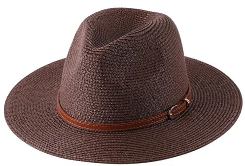FULUJIDI Fedora Trilby Filzhut Hut Panama Weicher Strohhut Mit Braunem Gürtel Frauen Männer Breite Krempe Strand-Sonnenkappe Uv-Schutz Fedora Hut 54Cm Kaffee02