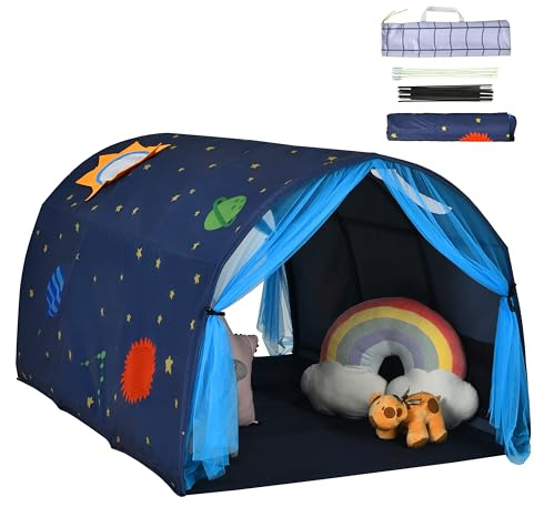 HOMASIS Tente de Jeu pour Enfants, Tente Portable avec Double Rideau et Sac, Tente pour Enfants avec fenêtres en Filet, Tente Tunnel pour lit pour Chambre, Salle de Jeux, 144x102x82cm