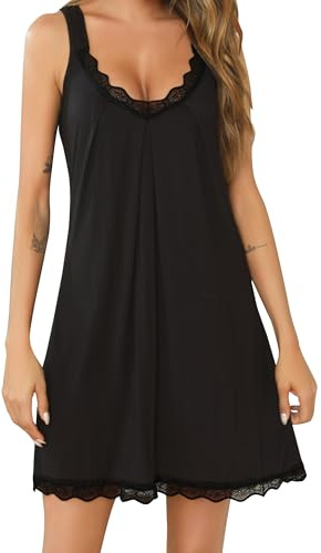 Lovasy Camicia da Notte Donna in Pizzo Sexy Sottoveste Spalline Larghe Babydoll Camicia da Notte Donna Estiva Scollo a V Morbido Pigiama Corto Vestaglie per Casa e Casuale A Nero L