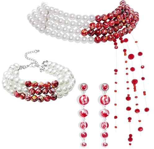 Auzlya Blutige Perlenkette,Halloween Blutige Perlenkette | 3 Stück Halloween Accessoires Damen,Gothic Perlen Armband Ohrringe Halskette,Halloween Vampir Party Kostüm