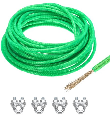 Sourcing Map 8mm (5/16 inch) Green Vinyl Coated Galvanized Steel Wire Rope, 15m /49ft with 4PCS M8 Loop Sleeves for String Light Hanging, Deck Railing, Garden Wire