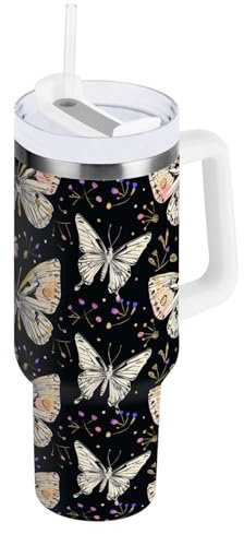 Aesthetic - Vaso de acero inoxidable de mariposa blanca con asa y popote, botella de agua reutilizable, taza de viaje aislada, 40 onzas