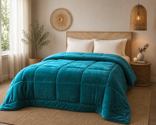 Trapunta Invernale Piazza Mezza Imbottita in Morbida Microfibra da 540 gr/mq Tessuto Vellutato Piumino Caldo ad Effetto Flanellato Coperta Letto Invernale Misura 220x260 cm Mod. Velvet Colore Petrolio