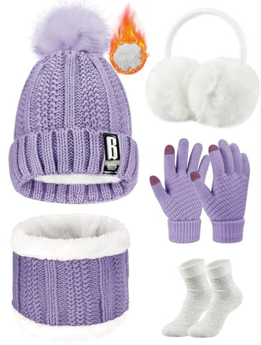 Voqeen Wintermütze Mütze Schal Handschuhe Set Damen Fleecefutter Strickmütze mit Pompon Touchscreen Handschuhe Weiche Wärmer Winter(Violett)