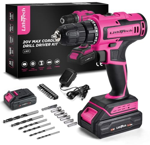 Lithitech 20V Pink Cordless Drill Set for Women - with 2.0Ah Battery & Charger, 3/8 Keyless Chuck,Lightweight Electric Power Drill Tool,2-Speed + 354 In-Lb Torque(Pink)
