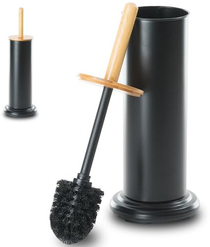 Leadfun Klobürste, Toilettenbürste mit Bambus-Griff, WC Bürste mit Metallhalterung, Zwei Bürstenköpfe, Beschwerte Sockel (Schwarz)