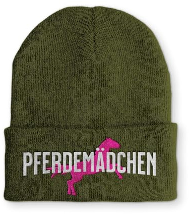 tshirtladen Beanie Mütze Pferdemädchen Stickerei mit pinkem Pferd warme Winter Haube aus Strick für Reiterinnen und Pferdefans elastisch Unisex one Size