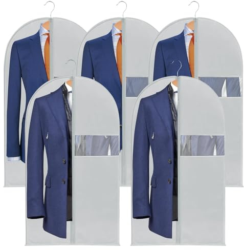 KJLEEN 5 Pack Garment Covers 39 inch Foldable Garment Bags Suit Covers for Men Women, Visible Plastic Clothes Covers Protector Bags with Zips, Mothproof Clothes Bags for Suits Jackets Travel Storage