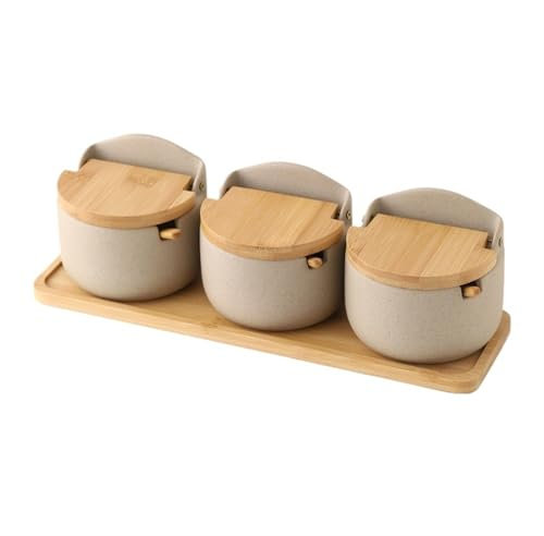 Caja De CeráMica Para Condimentos Tarros de cerámica for condimentos con tapa de madera, saleros, suministros de cocina, organizador de especias, juego de cucharas, caja de azúcar blanca(3Pcs-Set)