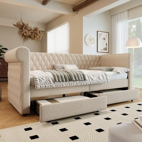 Vintage Kopfteil Polsterbett 90x200 cm, Schlafsofa Tagesbett mit 2 Stauraum Schubladen, beige Leinenstoff, Holzlattenrost, Max. Belastung 150 kg, perfekt für Kinder- und Jugendzimmer, ohne Matratze.