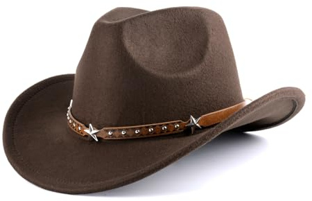 Ausune Women Men Classic Felt Brim Western Cowboy Cowgirl Hat Rodeo Hat Brown