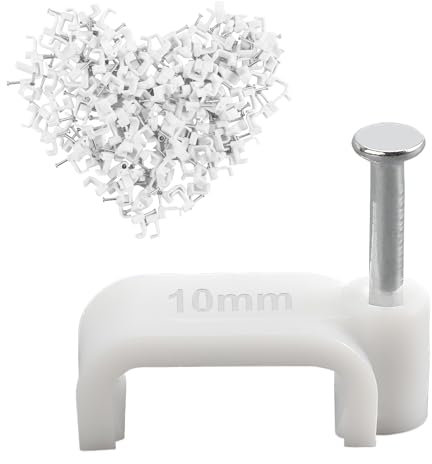 Aeipou 200 Pcs Flat Cable Clips White, 10mm, Small, Stainless Steel & Plastic, Smooth Finish, Flat Head, 5x10cm, Organize Cables, Ethernet, TV, Telephone, USB, LED, Coaxial, VGA