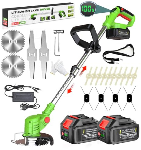 Débroussailleuse à Batterie 21V, Coupe Bordure sans Fil 4 en 1, Debroussailleuse Electrique sans Fil avec 2 Batteries 4.0 Ah pour Jardin Élagage,Pelouses et Terres Agricoles,Green