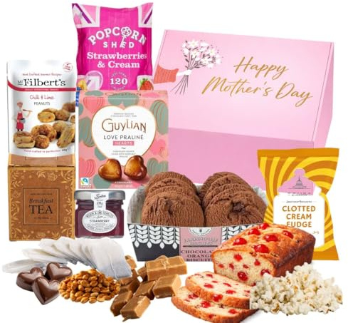 Mother's Day Gift Hamper - Assorted Tea Hamper With Chocolates - With Fruit Cake, Tea, Biscuits, Popcorn, Nuts - Mother's Day Delicious Treats - Wife, Grandma - Beautiful Gift Box