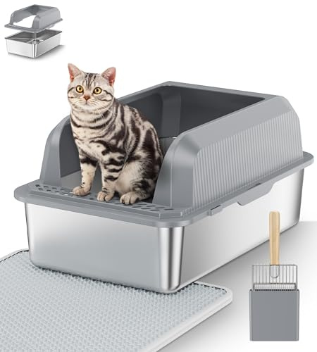 Edelstahl Katzenklo Halb-Offen, Geruchsfreie Katzentoilette 28L Große Kapazität für Große Katzen, Leicht zu Reinigen Metall Katzen Klo mit Metall Schaufel and Anti-Streu-Matte, 60x40x30cm