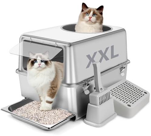 Bartuke Bandeja Sanitaria para Gatos de Acero Inoxidable, Bandeja Sanitaria Cerrada con Laterales Altos, cajón extraíble, Pala, Pedal de Filtro, Antiadherente, fácil de Limpiar