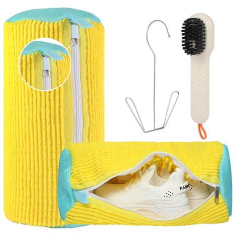 SUNRITOS Schuh Waschbeutel für Waschmaschine, 4-in-1 Komplett-Set, 2 Stück Sneaker Waschbeutel aus Chenille Mikrofaser, inkl. Bürste & Schuhständer (Gelb)