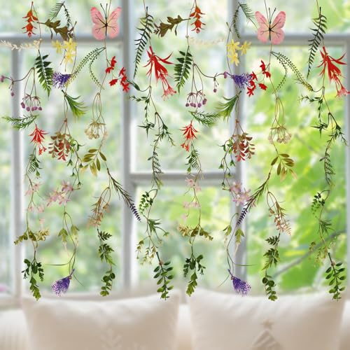 VNMEA 4 Pcs Artificial Wildflower Garland 9.3 ft Garden Vine Decorations Spring Hanging Flower Decoration with 10 Hooks Fake Wildflower Backdrop for Classroom Windows Wedding Party Home Outdoor