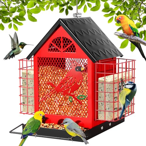 DoubleCare Bird Feeders for Outdoors Squirrel Proof, Weatherproof Metal Bird Feeder with 2 Suet Cages, Hanging Birdhouses with Cardinal Pattern, Attract More Birds, Garden and Courtyard Decoration,Red