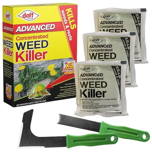 Doff Advanced Glyphosate Weed Killer 3 Sachets with 2 Weeding Tools | Includes Doff Advanced concentrated weedkiller sachets and 2 weeding tools for paths, drives and patios.