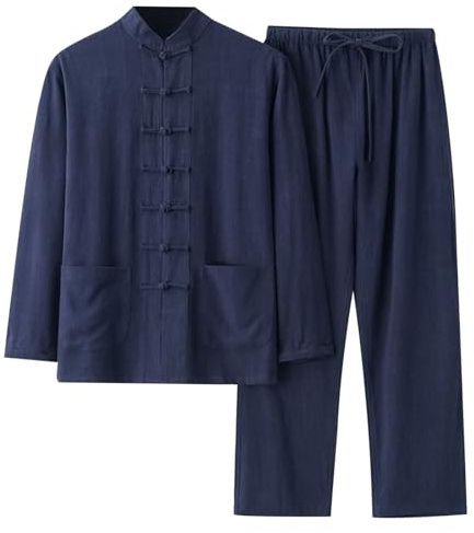 WAZHAKU Kampfkunst Anzug Herren Kung Fu und Tai Chi Uniform Traditionelle Chinesisch Kostüm für Meditation und Qigong 2 Teiler Langarm Baumwolle Leinen Hemd und Hose Weich Freizeitanzug