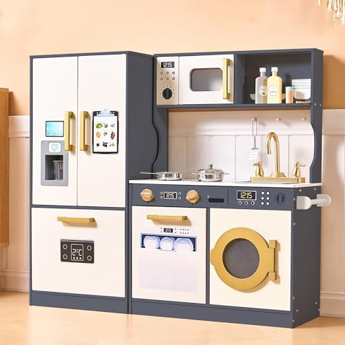 Kids Kitchen Playset with Realistic Design, Luxury Play Kitchen with Extended Storage Cabinets, Toy Kitchen for Toddlers with Coffee Counter, Cookware Accessories, Oven, Microwave (Dark Gray)