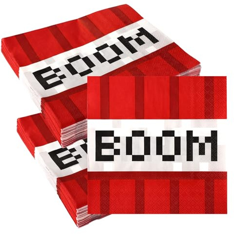 50 Serviettes Pixelisées, Décorations de Fête d'Anniversaire sur le Thème des Jeux Vidéo Serviettes en Papier Rouge et Blanc au Motif Pixel Art pour Enfants et Adolescents