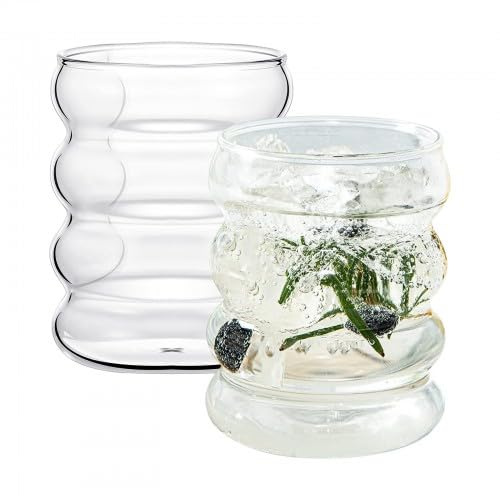 dentedeleao 2 Piezas Tazas de Vidrio Creativas Con Forma de Ondulación Vintage, Vasos Acanalados 300ml, Transparentes, para Café, Zumo, Agua, Bebidas, Cóctel y Soda