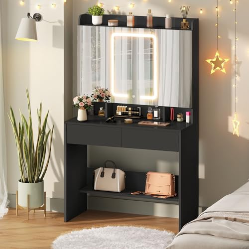 YITAHOME Dressing Table with Mirror & LED Lights, 3-Mirror Makeup Vanity Desk with Jewelry Storage Cubbies, 3 Lighting Modes Vanity Table with Bottom Shelf for Bedroom Dressing Room, Black