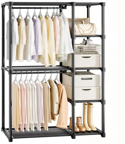 Mavivegue Kleiderschrank offen, 4 Stock Kleiderständer 40 x 121 x 161 cm | Kleiderstange Garderobe, 2 Hängefächer viel Platz, für Wohnzimmer, Schlafzimmer, Schwarz