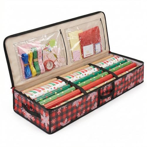 Christmas Wrapping Paper Storage Bag, Yunision Aufbewahrungstasche für Geschenkpapier Aufbewahrung Organizer Wasserdichtes Oxford Gewebe Geschenkpapierrollen Organizer mit Fächern, 100x35x16cm (Rot)