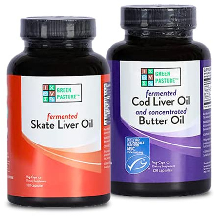 Green Pasture Bundle 120 Capsules Per Bottle - Fermented Cod Liver Oil with Butter Oil and Fermented Skate Liver Oil - With Vitamin A and D, EPA, DHA, Omega Fatty Acids - Non-Gelatin Fish Oil Capsules