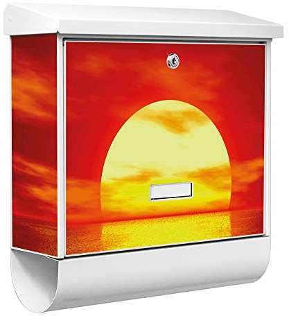 banjado® Burgwächter Briefkasten Weiß 38x39x12cm mit Motiv Sunset/Briefkasten mit Zeitungsfach/Briefkasten mit Zeitungsrolle/Postkasten inkl. Montagematerial & 2 Schlüsseln