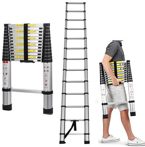 16.4ft 5M Aluminum Extension Foldable Telescopic Ladder Telescoping Straight Ladder Extendable Capacity Max Load 150kg/330lb EN 131 Light-Weight Fully Extened 5M