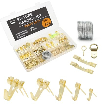 Mr. Pen- Picture Hanging Kit, 220 pcs, Gold, Assorted Hooks, Nails, Sawtooth Hangers, D-Rings, Steel Wire, Ring Hooks, Home Wall Mount Hardware for Frames, Canvas, Décor