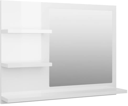 vidaXL Badspiegel mit 3 Ablagen Spiegelregal Wandspiegel Badezimmerspiegel Bad Spiegel Badezimmer Badmöbel Hochglanz-Weiß 60x10,5x45cm Holzwerkstoff